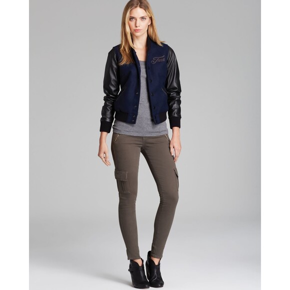 New NWT Womens True Religion Varsity Leather Jacket M Dark Navy Blue Black Wool - Picture 6 of 11